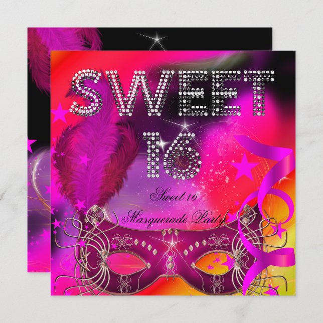 Pink Black Sweet 16 Masquerade Birthday Party Invitation (Front/Back)