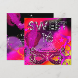 Pink Black Sweet 16 Masquerade Birthday Party Invitation