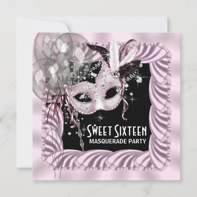 Pink Black Sweet 16 Masquerade Party Invitation (Front)