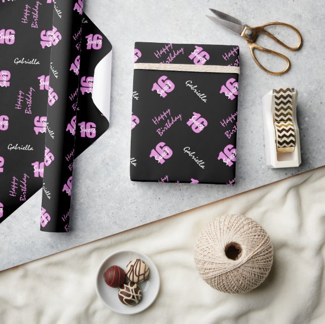 Pink Black Sweet 16 Personalised Wrapping Paper (Crafts)