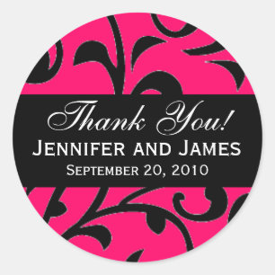 Pink Black Swirl Damask Wedding Thank You Labels