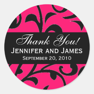 Pink Black Swirl Damask Wedding Thank You Labels