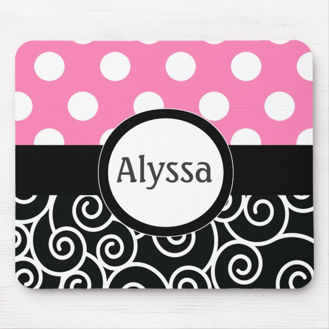 Pink Black Swirl Dots Personalised Mousepad (Front)
