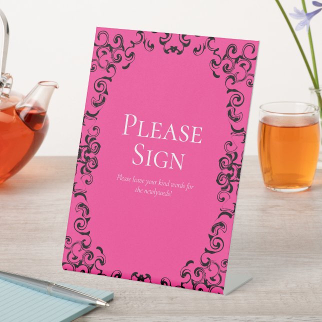 Pink Black Swirl Gothic Wedding Pedestal Sign (In SItu)