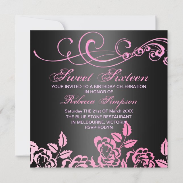 Pink/Black Swirl Rose Sweet 16 Birthday Invite (Front)