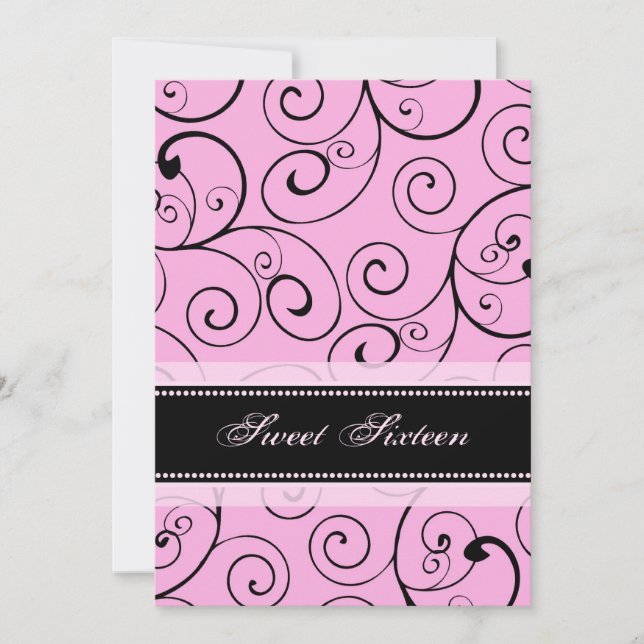 Pink Black Swirls 16th Birthday Party Invitations (Front)