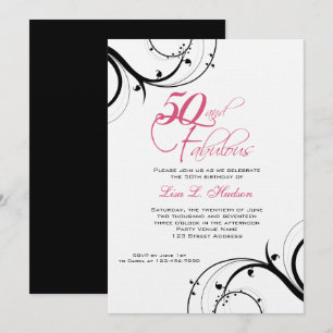 Pink Black Swirls 50th and Fabulous! Birthday Invitation
