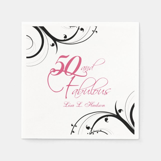 Pink Black Swirls 50th and Fabulous! Birthday Napkin (Front)