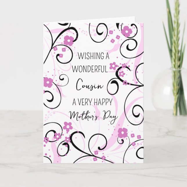 Pink Black Swirls Cousin Happy Mother's Day Card (Front)