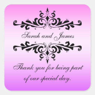 Pink Black Swirls Thank You Wedding Favour Square Sticker