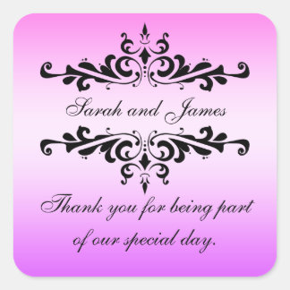 Pink Black Swirls Thank You Wedding Favour Square Sticker