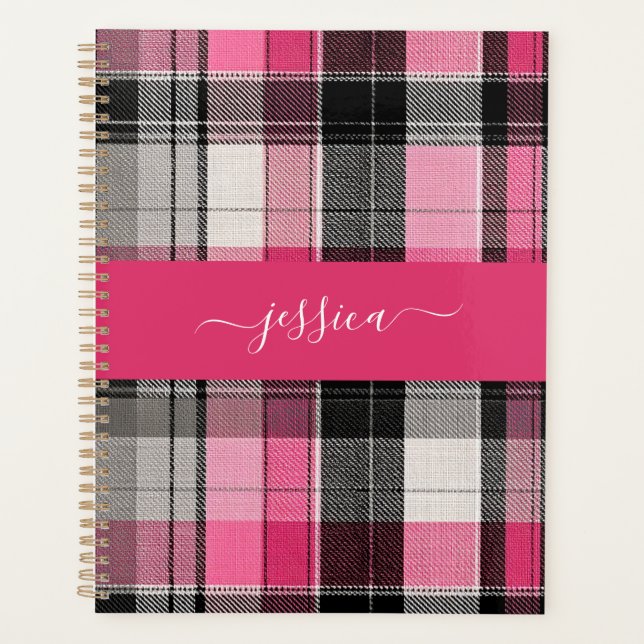 Pink black tartan plaid script name binder planner (Front)