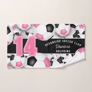 pink black team colors gifts Lots of soccer balls Hand Towel