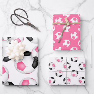 pink black team colours soccer 3 pc variety wrapping paper sheet