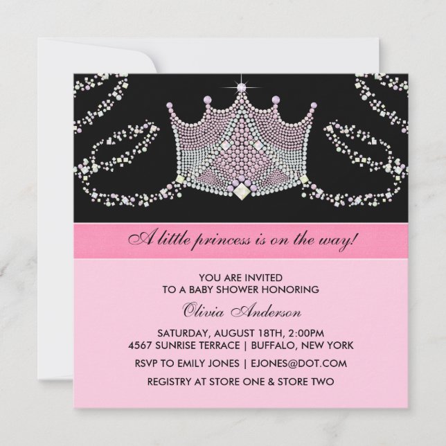 Pink Black Tiara Baby Girl Princess Baby Shower Invitation (Front)