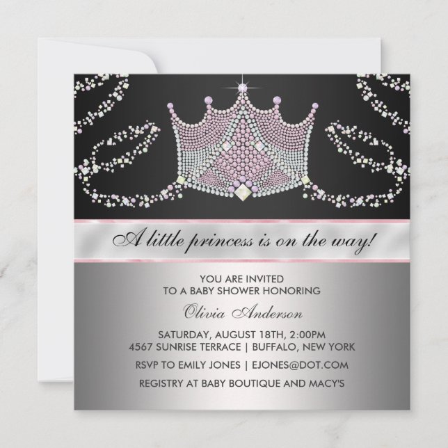 Pink Black Tiara Baby Girl Princess Baby Shower Invitation (Front)