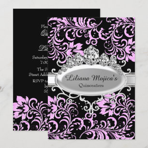 Pink Black Tiara & Glitter Floral Quinceanera Invitation