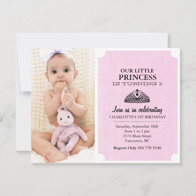 Pink & Black Tiara Photo First Birthday Invite (Front)