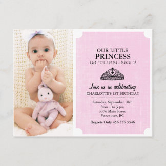 Pink & Black Tiara Photo First Birthday Invite