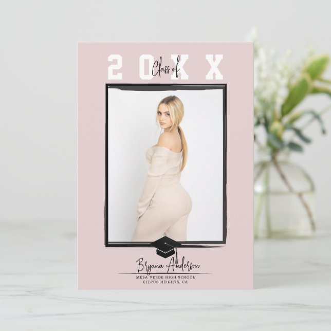 Pink & Black Trendy Graduation Photo (any colour) Invitation (Standing Front)