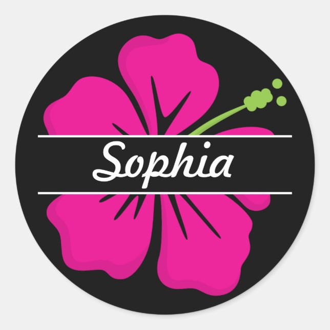 Pink, Black Tropical Hawaiian Hibiscus Flower Name Classic Round Sticker (Front)