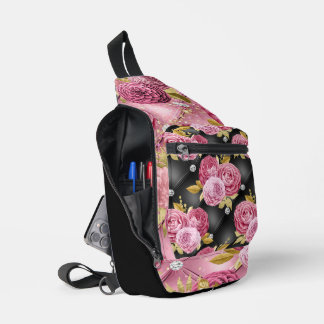 PINK & BLACK TUFTED LOOK PATTERN AND FLOWERS SLING BAG