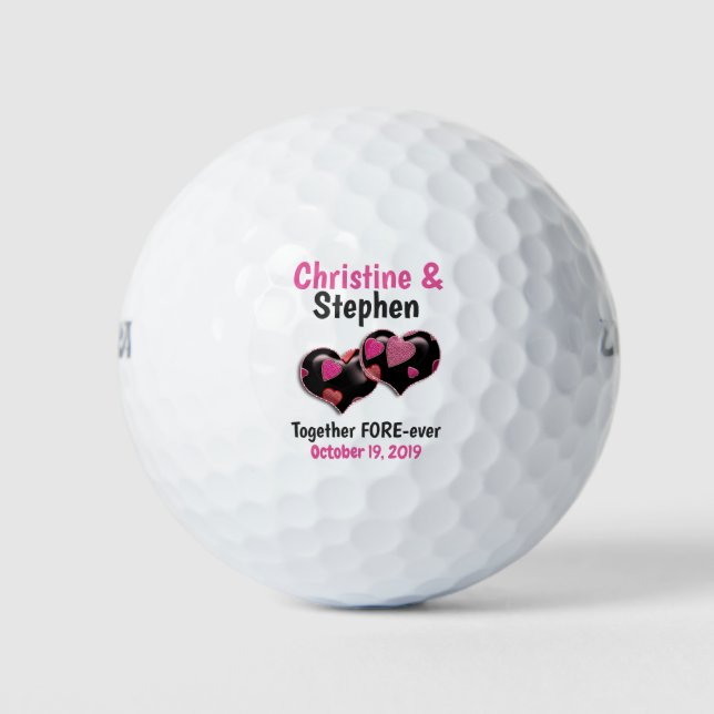 Pink Black Two Hearts Joined Wedding Favour Golf Balls (Front)