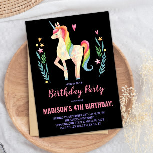 Pink Black Unicorn Birthday Invitations