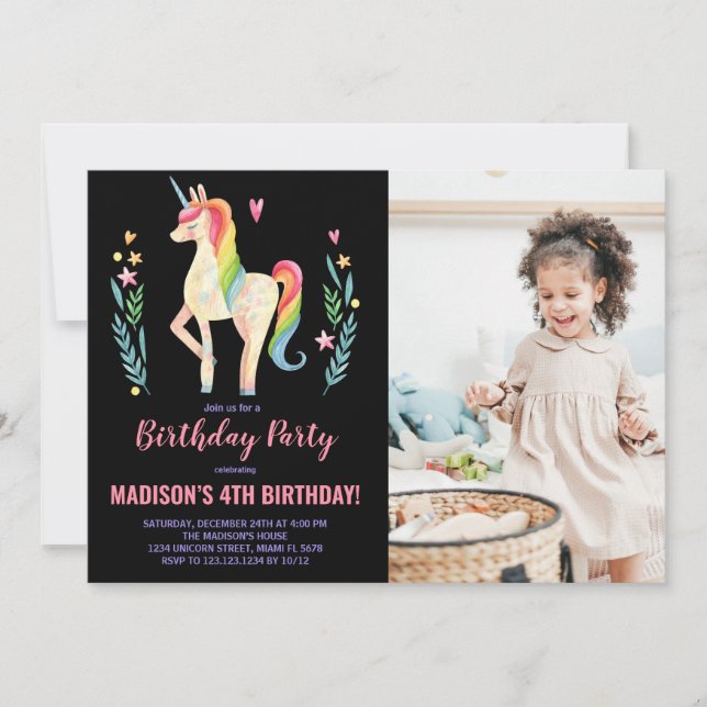 Pink Black Unicorn Birthday Invitations with photo (Front)