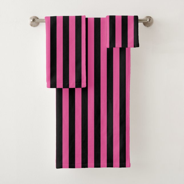 Pink Black Vertical Stripe Halloween Bath Towel Set (Insitu)