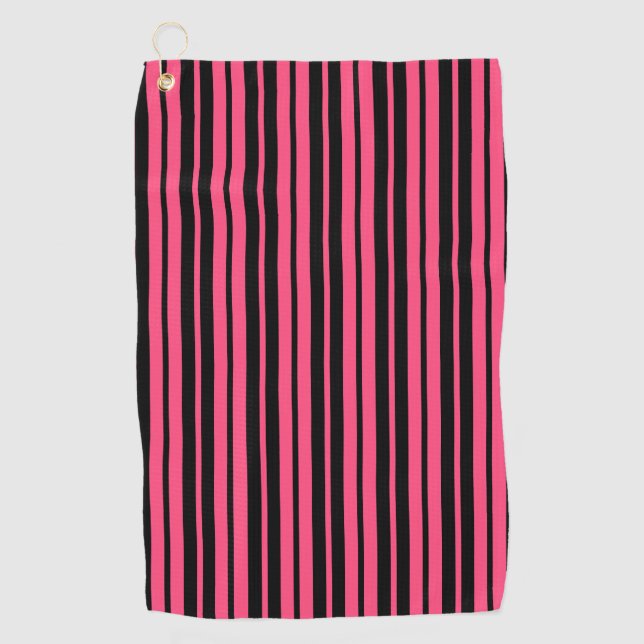 Pink Black Vertical Stripes Pattern Design Golf Towel (Front)