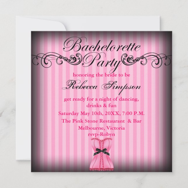 Pink & Black vintage chic Bachelorette Invite (Front)