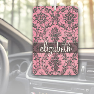 Pink & Black Vintage Damask Pattern with Monogram Car Air Freshener