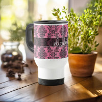 Pink & Black Vintage Damask Pattern with Monogram