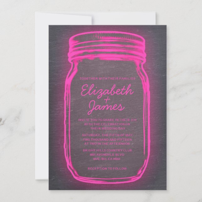 Pink & Black Vintage Mason Jar Wedding Invitations (Front)