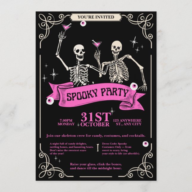 Pink & Black Vintage Retro Skeleton Wedding Invitation (Front)