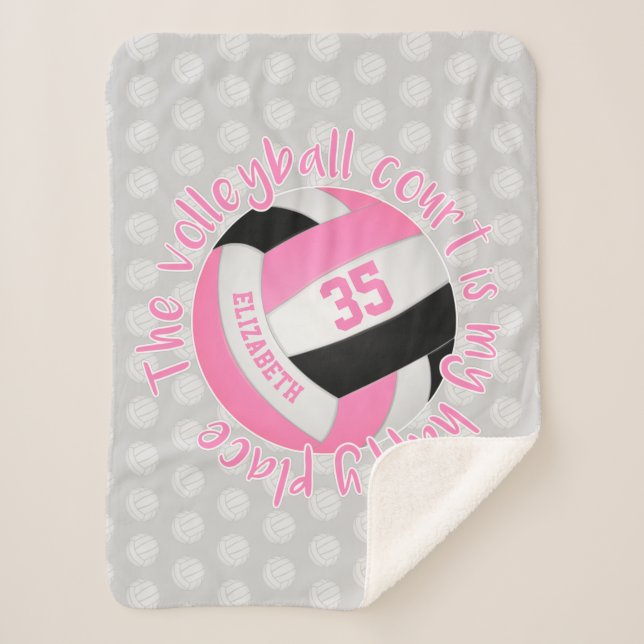 pink black volleyball court is my happy place sherpa blanket (Front)