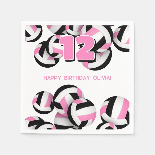 pink black volleyball party girls birthday napkin (Front)