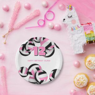 pink black volleyballs girls birthday party paper plate