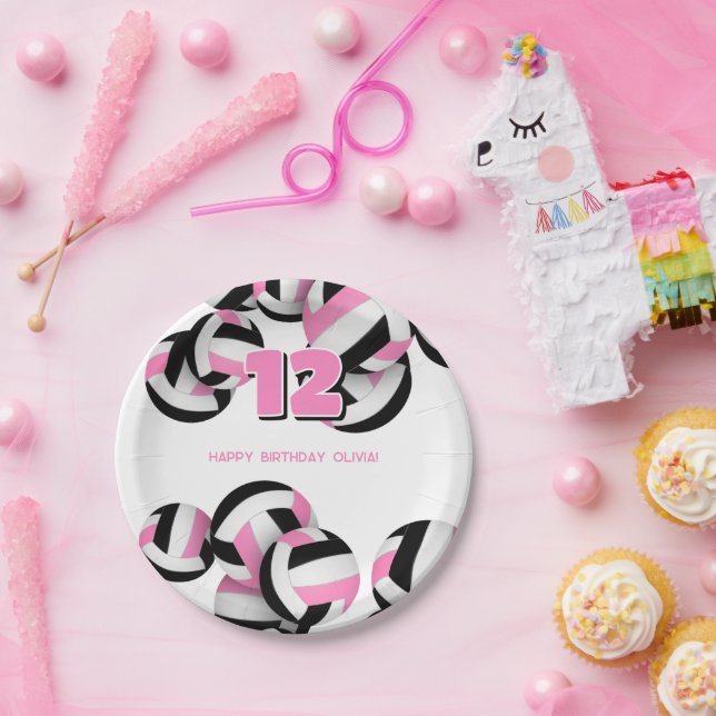 pink black volleyballs girls birthday party paper plate (Party)