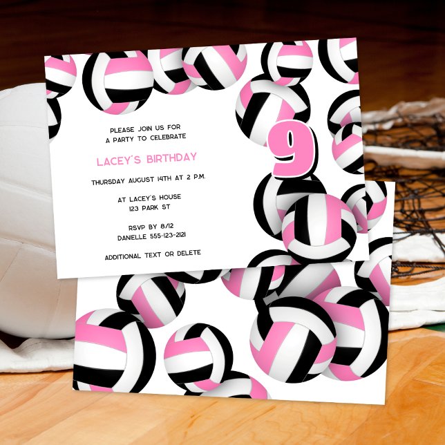 pink black volleyballs girls sports birthday party invitation (front & back views)