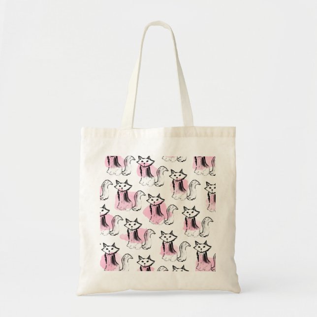 Pink black watercolor brushstrokes cute cats tote bag (Front)