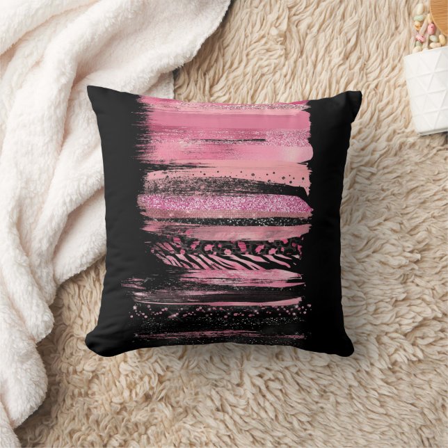 Pink Black Watercolor Glitter Foil Paint Strokes Cushion (Blanket)