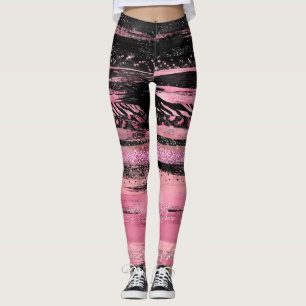 Pink Black Watercolor Glitter Foil Paint Strokes Leggings