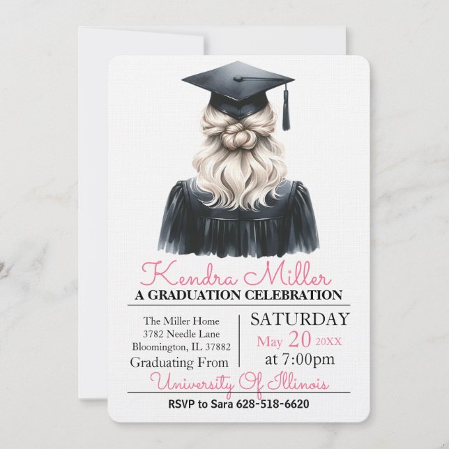 Pink & Black Watercolor Graduation Invitation (Front)