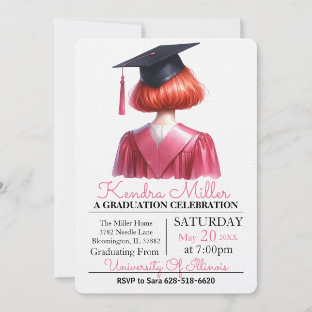Pink & Black Watercolor Graduation Invitation (Front)
