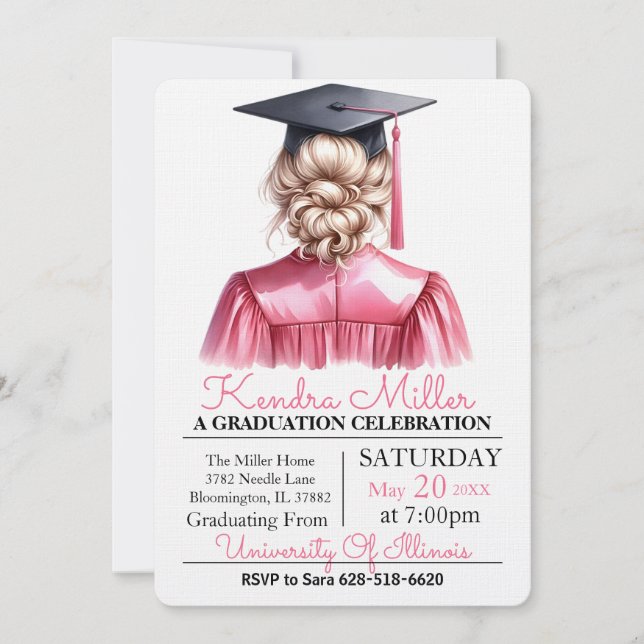 Pink & Black Watercolor Graduation Invitation (Front)