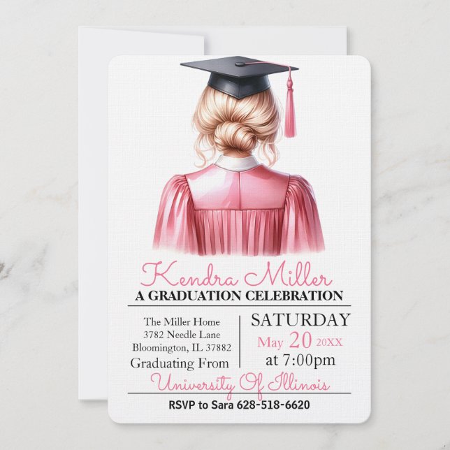 Pink & Black Watercolor Graduation Invitation (Front)