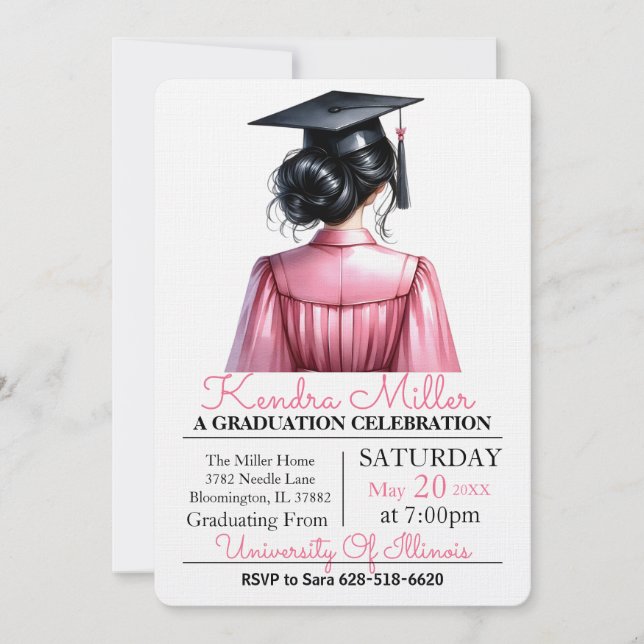 Pink & Black Watercolor Graduation Invitation (Front)