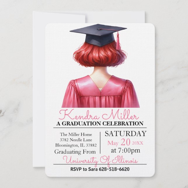Pink & Black Watercolor Graduation Invitation (Front)